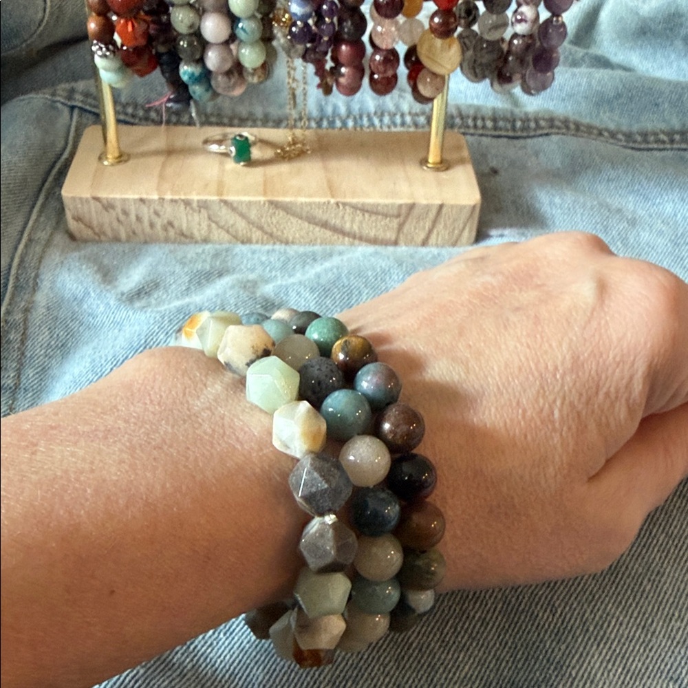 Stretch bracket stack -Ocean Jasper, Natural Blue Selenite, GildedBug Amasonite